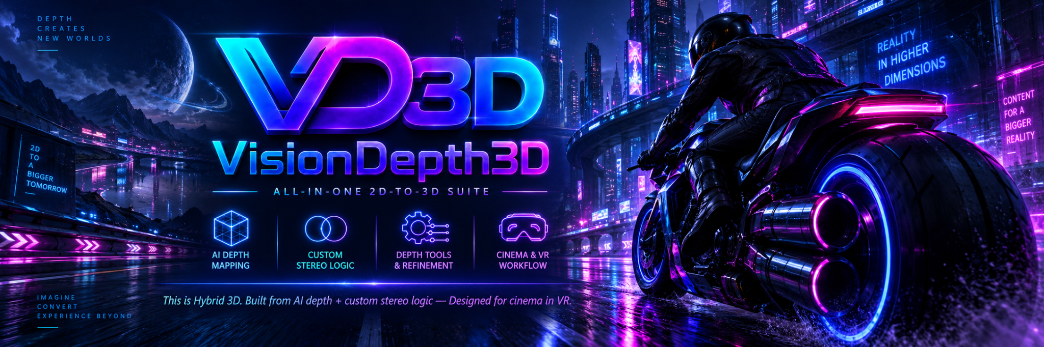 VisionDepth3D: All-in-one 2D-to-3D suite. Neon cyan and magenta city with a futuristic motorcycle. AI depth mapping, custom stereo logic, depth tools and cinema in VR.